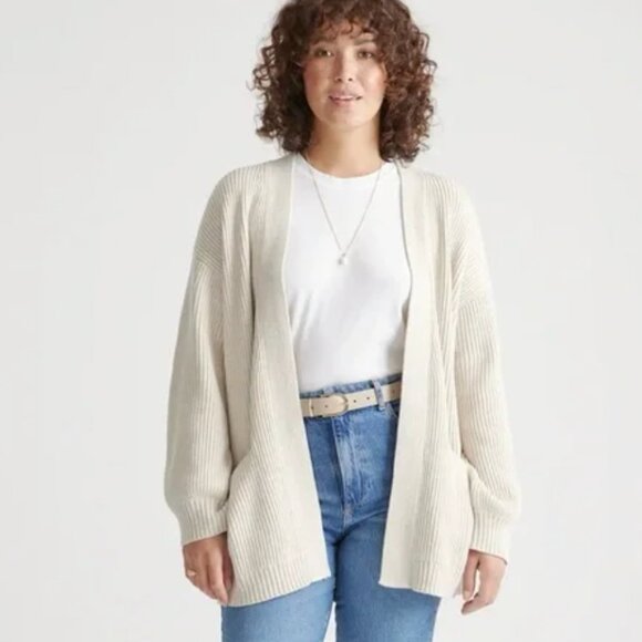 Quince Cotton Oversized  Ribbed Knit Open Front Cardigan , Ivory/Off WhiteSize M - Picture 1 of 5